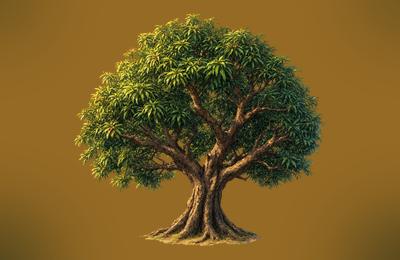 Painted mango tree canopy heavy with ripe fruit