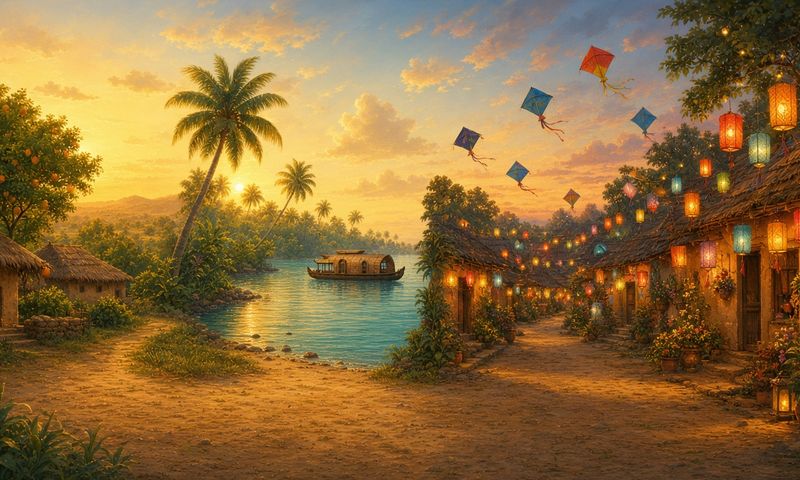 Strip of seven painted childhood world landscapes