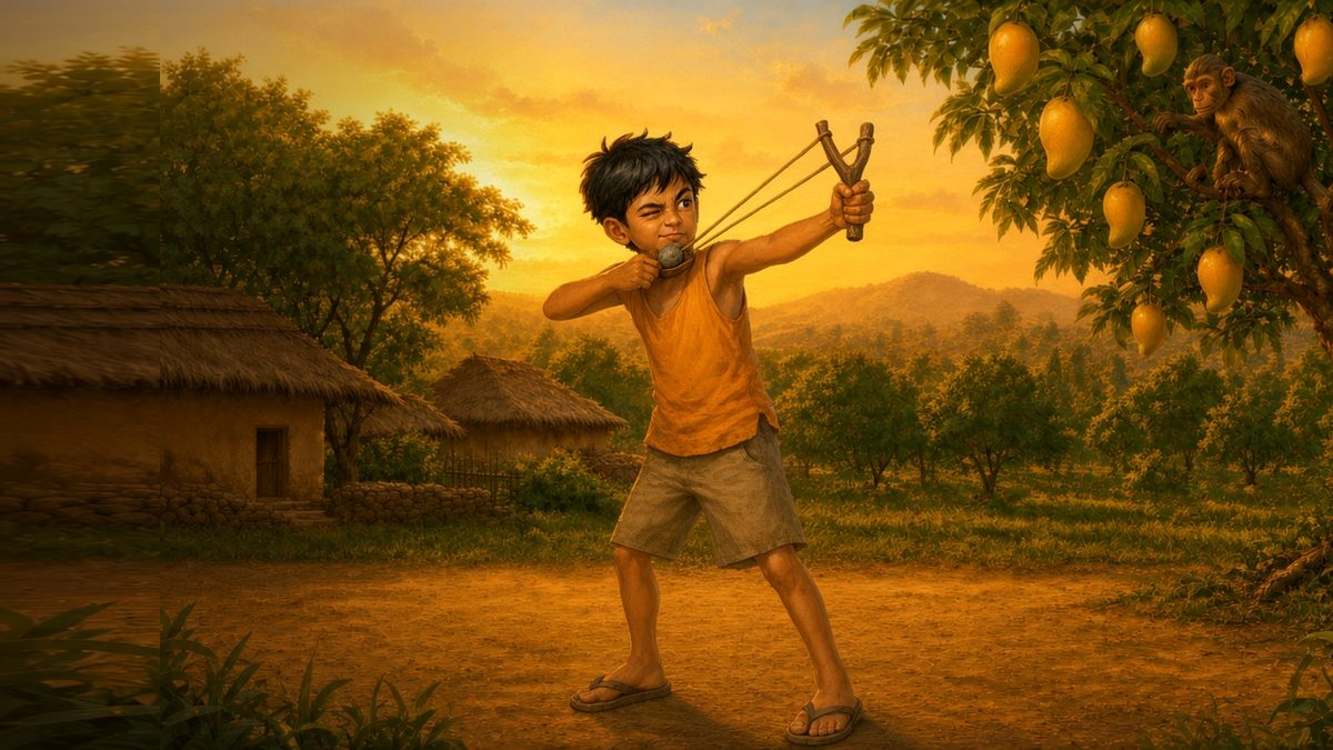 A village kid aims a wooden gulel toward a huge mango tree glowing at golden dusk, with a monkey in the branches.